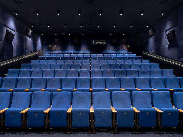 Blue upholstered cinema seats with wooden armrests arranged in tiered rows with projection booth visible.
