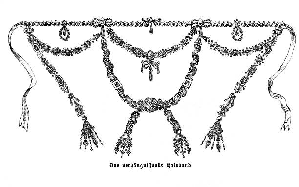 A black-and-white 19th-century illustration shows the notorious, elaborately decorated diamond necklace that played a central role in the Affair of the Diamond Necklace at the French court in the 18th century