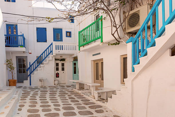 Quiet traditional residential courtyard with white walls in Mykonos, Greece