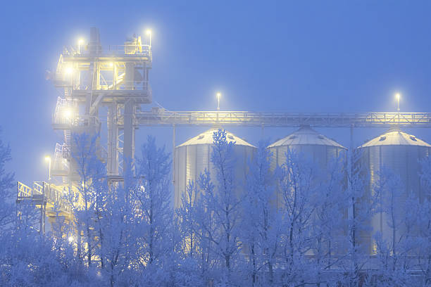 Grain elevator steel plant in frosty foggy winter night, lights are on, white trees covered with hoarfrost.
