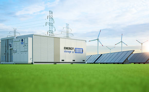 istock Group of energy storage systems or battery container units with various sources of energy 2250420537