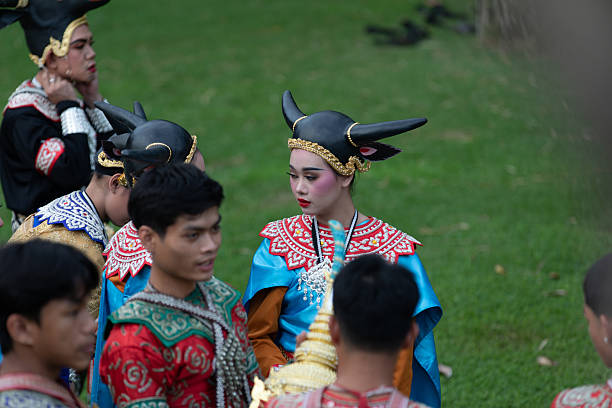 Phimai, Nakhon Ratchasima, Thailand - 2025/08/11: A group of dancers during the annual Phimai Light and Sound Festival at Phimai Historical Park.