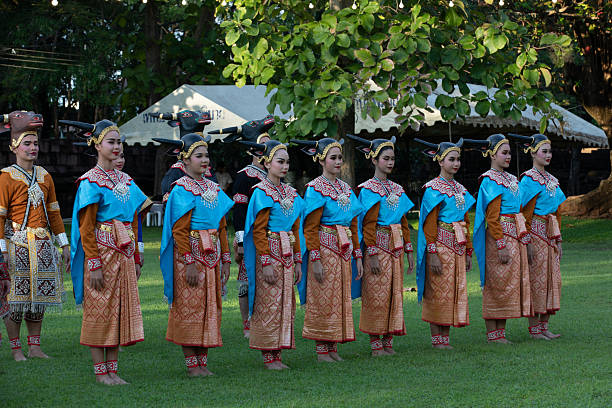 Phimai, Nakhon Ratchasima, Thailand - 2025/08/11: A group of dancers during the annual Phimai Light and Sound Festival at Phimai Historical Park.