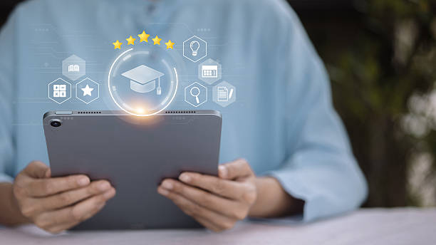 istock Online learning and education concept with digital tablet and icons 2250439612