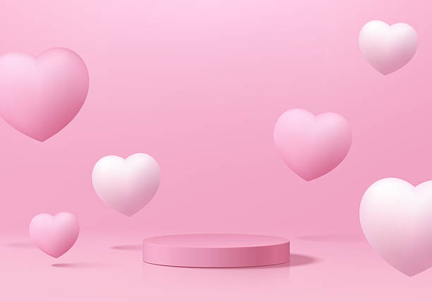 istock Valentine 3D pink product podium background with floating balloon heart shape. Abstract composition minimalist design. Studio display showroom cosmetic pedestal, Fashion stage showcases mockup scene. 2250449096