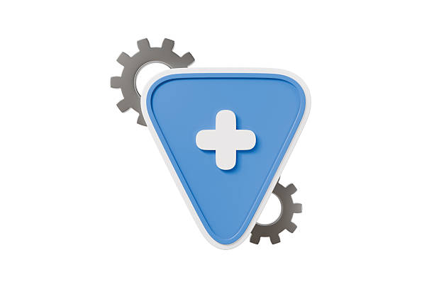 3d blue triangle plus with gears icon. settings optimization concept. minimal cartoon app icon ui button for app banner hero. isolated on white background. 3d render. [chars: 166]