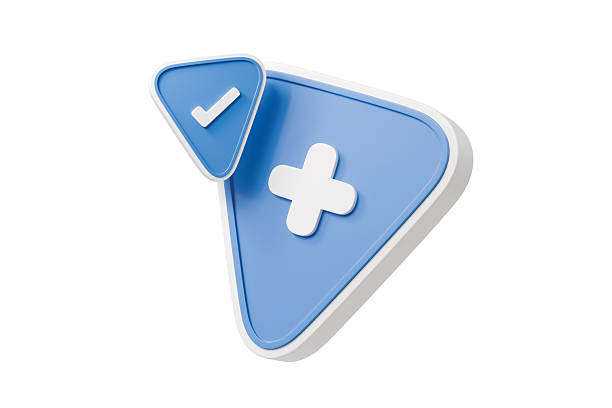 3d blue triangle plus and check icon. success approval concept. minimal cartoon check mark plus button app icon for app banner hero. isolated on white background. 3d render.
