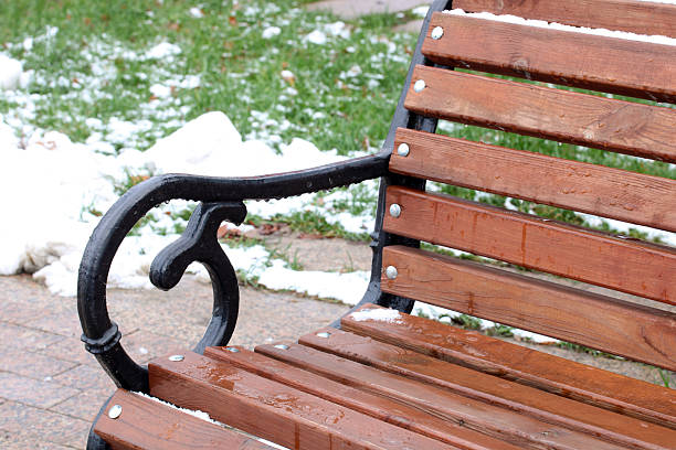 Wooden park bench during winter, showing melting snow on wood and iron details