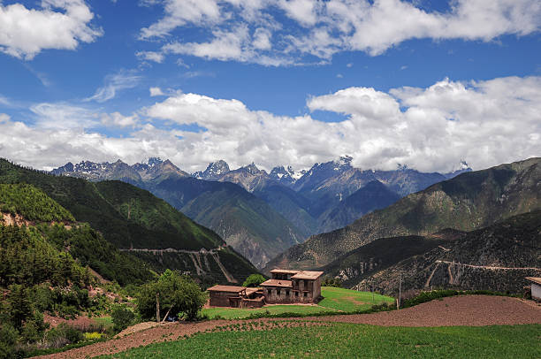 A picturesque mountain landscape featuring houses, green fields, and distant snow-capped mountains under a blue sky with clouds.
