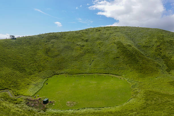 istock Circular grassy crater on sunny mountaintop plateau 2250459954