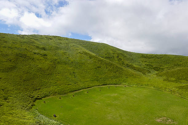 istock Circular grassy crater on sunny mountaintop plateau 2250460001