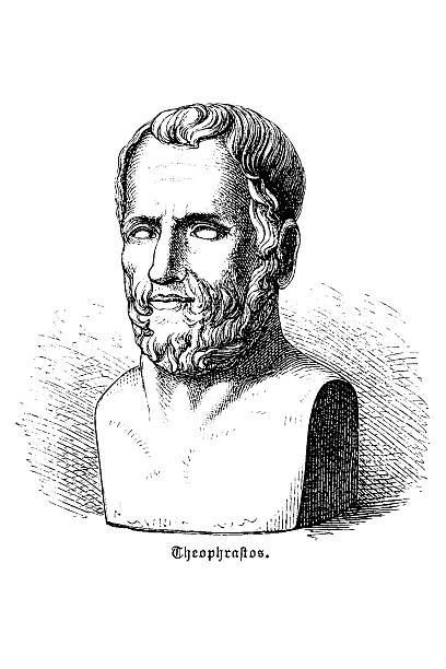 Theophrastus bust with detailed facial features and classical Greek styling, showing Aristotelian philosopher iconography and Peripatetic school intellectual tradition, old vintage illustration, 1880