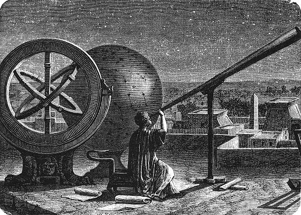 Hipparchus working in Alexandria observatory with early telescope, celestial globe and orbital models under starry night, showing Hellenistic astronomy innovations and ancient celestial measurement techniques, old vintage illustration, 1880.