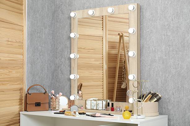 istock Makeup room. Mirror, dressing table and different beauty products indoors 2250475346