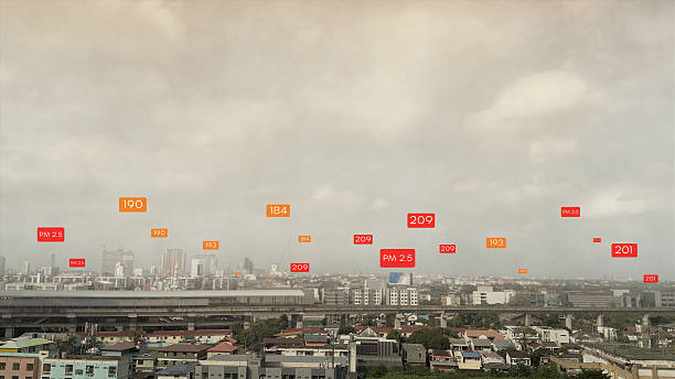 Cityscape Under Heavy Smog with Augmented Reality PM 2.5 Data Overlay, Illustrating Air Pollution and Public Health Crisis.