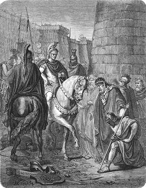 Quintus Caecilius Metellus Macedonicus with cavalry and Roman soldiers overseeing subdued Greek inhabitants, showing post-conquest authority and Hellenistic population subjugation dynamics, old vintage illustration, 1880