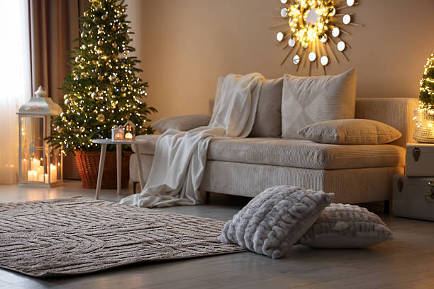 istock Beautiful Christmas tree and other decor in room. Festive interior design 2250476748