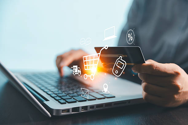 istock Concept of procurement technology shopper using computer or laptop for online shopping, e-commerce convenience with credit card payments, digital trolleys, fast delivery powered by modern technology. 2250486707