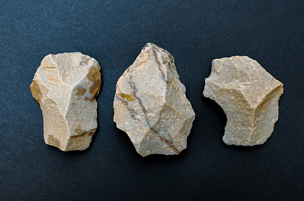 Primitive stone tools from early human history, showing artifacts used for survival during the Paleolithic Age