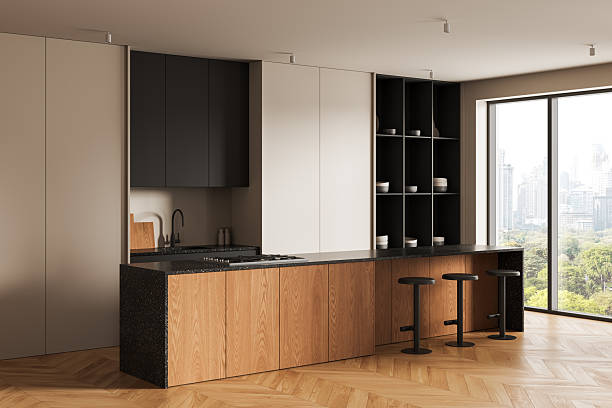 istock Modern minimalist kitchen interior with wood and neutral tones, open shelving, and panoramic window view in city apartment. 3D Rendering 2250496395