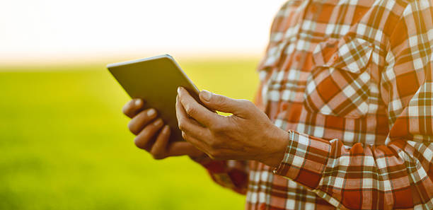 istock View from behind. A farmer stands in green field holding digital tablet. 2250499248