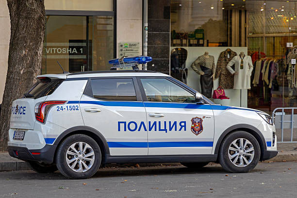 Sofia, Bulgaria - October 16, 2023: White Police Patrol Vehicle Parked at Vitosha Street in Capital City Centre Autumn Day.