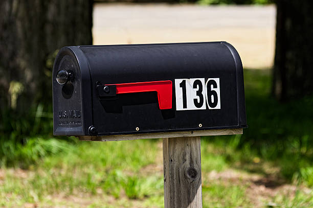 istock Mailbox Flag Raised for Pickup in Suburban Yard 2250507723