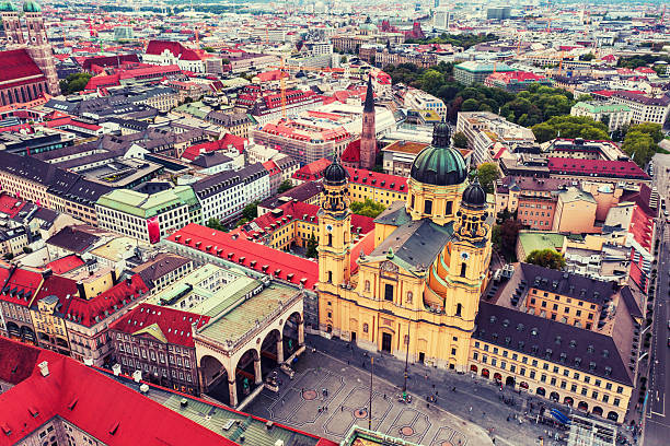 Aerial view of Munich over Theatine Church of St. Cajetan (Theatinerkirche St. Kajetan) and Odeonplatz, Munich, Bavaria, Germany in day time