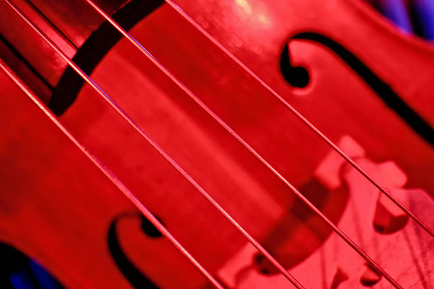 Double Bass Strings Illuminated by Vibrant Red and Blue Stage Lights, Close-Up