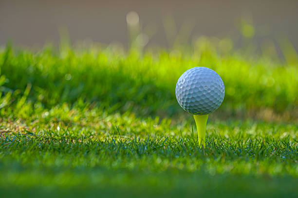 White golfball with a strong shadow on a green background