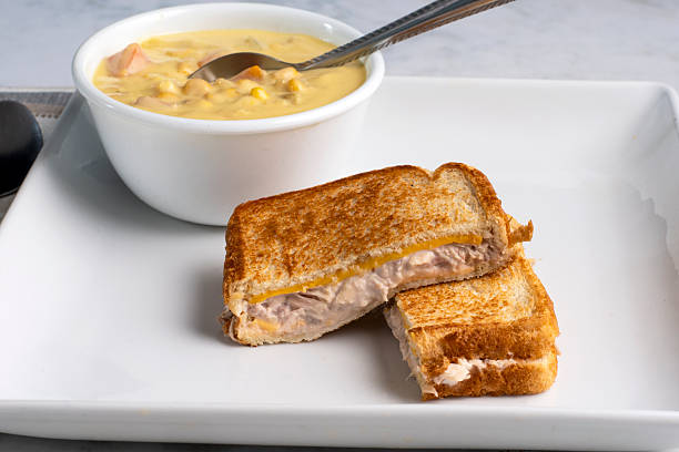 istock chicken corn chowder  with tuna melt sandwich 2250510451