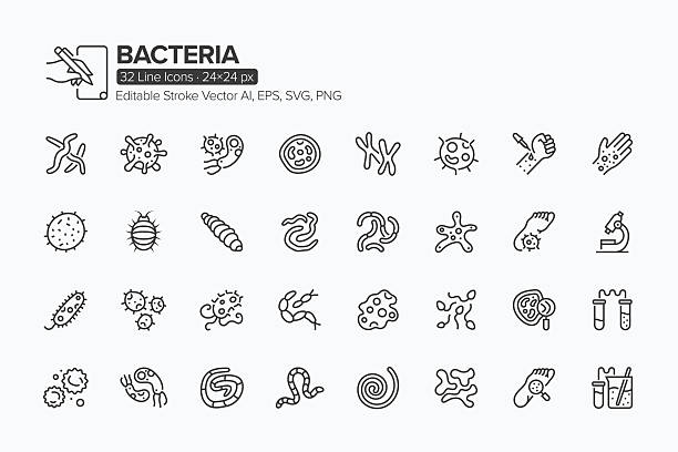 stockillustraties, clipart, cartoons en iconen met bacteria line icon set · 32 icons - bacterie