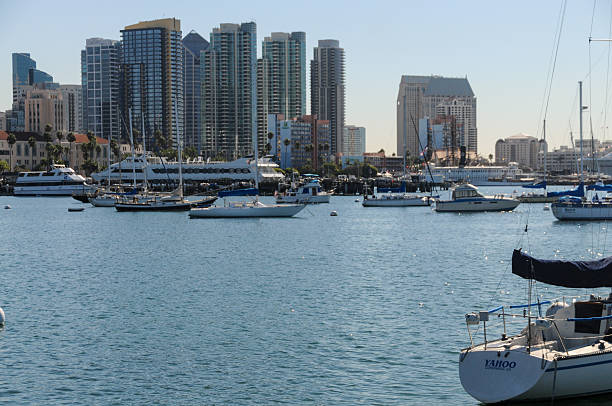 San Diego, United States - November 12, 2010. Wide Angle shot showing the San Diego Waterfront, with many boats, yachts and cruise ships anchored in the harbour.