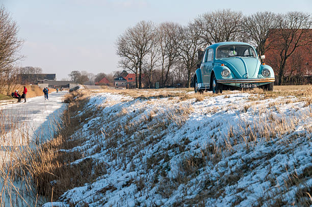 Leeuwarden, Netherlands - February 10, 2012. Winter scene showing people ice skating on a forzen canal in northern friesland. An old volkswagon beetle in standing on a edge near the canal.