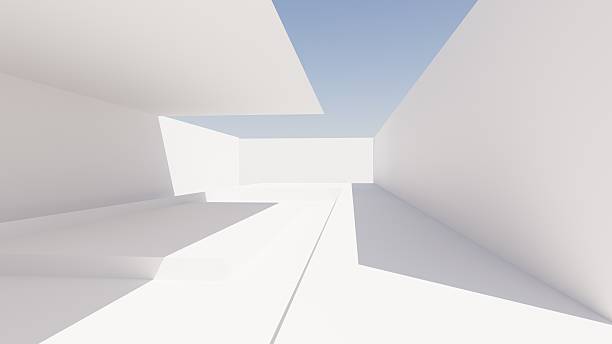 istock 3d render of abstract modern geometry architecture with pool and water, Minimal white building with exterior pool against blue sky background 2250516523
