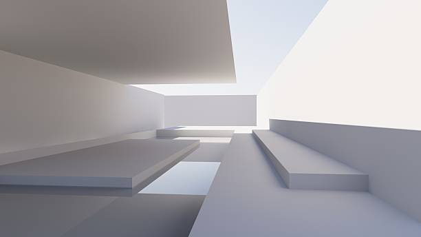 istock 3d render of abstract modern geometry architecture with pool and water, Minimal white building with exterior pool against blue sky background 2250516546