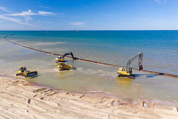 istock Beach Erosion Construction Restoration Job Site from Aerial Work in progress for beach nourishment. Drone shot. 2250522943