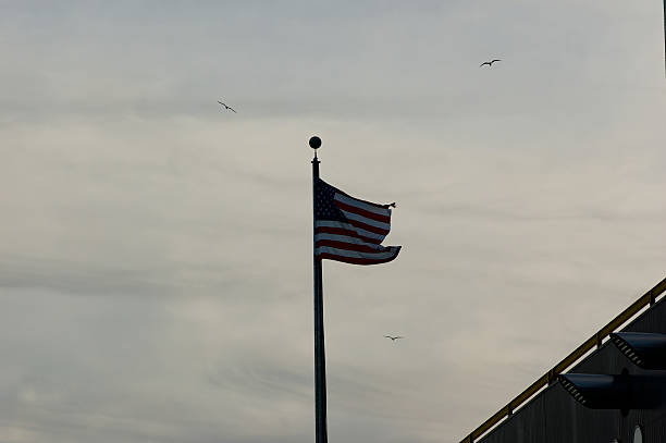 American Flag waves gently atop tall flagpole under overcast sky at dusk. Three seagulls soar in background, rooftop peeks into frame, creating serene US patriotic scene.