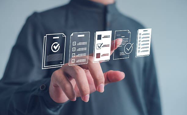 person touching digital checklist icons representing workflow automation, document approval, task management, and efficient business processes in a modern digital interface.