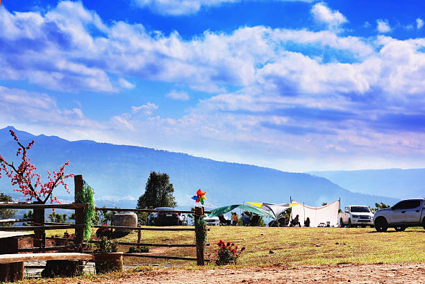 This image shows a beautiful view of a hillside campsite.