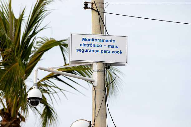 istock Surveillance camera and sign indicating security monitoring. 2250531471