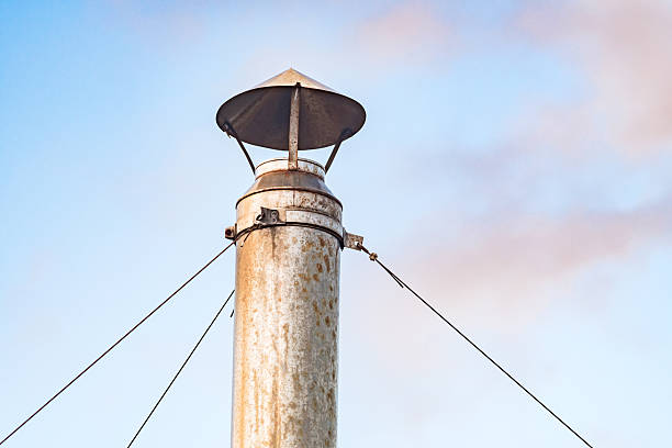 metal chimney close-up on tripwires against sky
