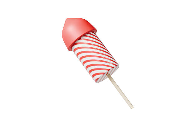 3d red striped rocket firework icon. celebration party concept. minimal cartoon firecracker rocket for holiday banner. isolated on white background. 3d render.