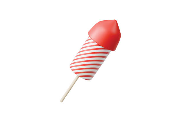 istock 3d red striped rocket firework icon. celebration party concept. minimal cartoon firecracker rocket for holiday banner. isolated on white background. 3d render. 2250535744