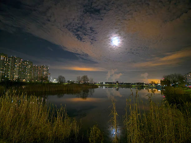 Full moon in the evening city park