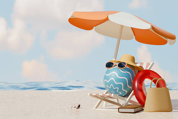 istock Beach relaxation with a decorated easter egg under an umbrella on a sunny day. 3d rendering 2250542473