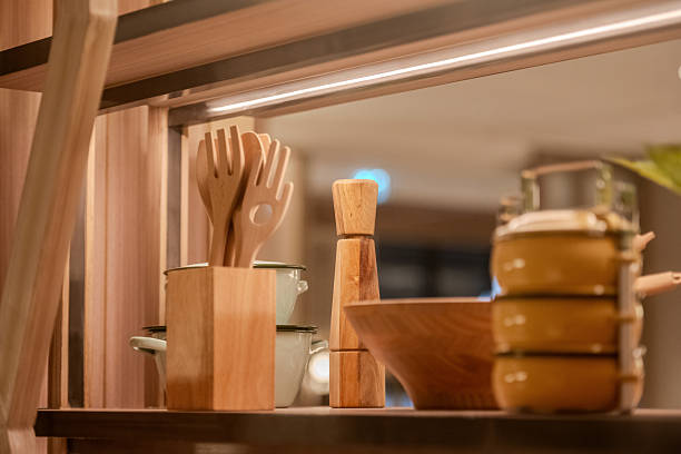 Handcrafted wooden spoons, forks and bowls in various shapes