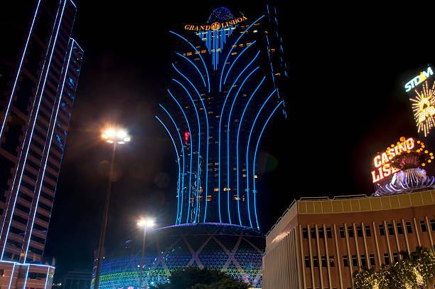 Macao, China. December 18, 2016.  The illuminated marquee and entrance to the casino Lisboa in macao China.