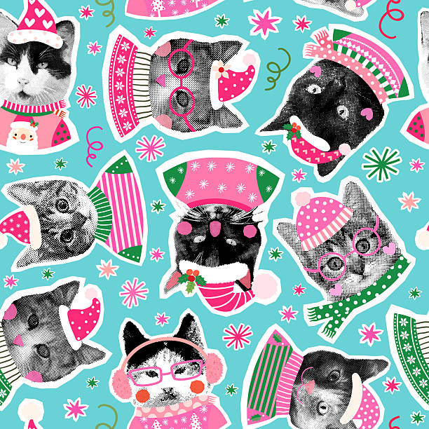 Funny Cats with Ugly Christmas Sweaters Vector Seamless Pattern, Animals with Santa Hats Background for Wrapping Paper and Holiday Designs