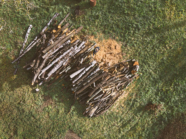 Man with axe prepare to chop timber for firewood in his backyard, prepare for winter